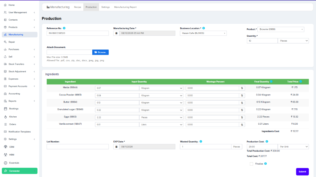 Oasis POS Recipe Production and Manufacturing Costing Module